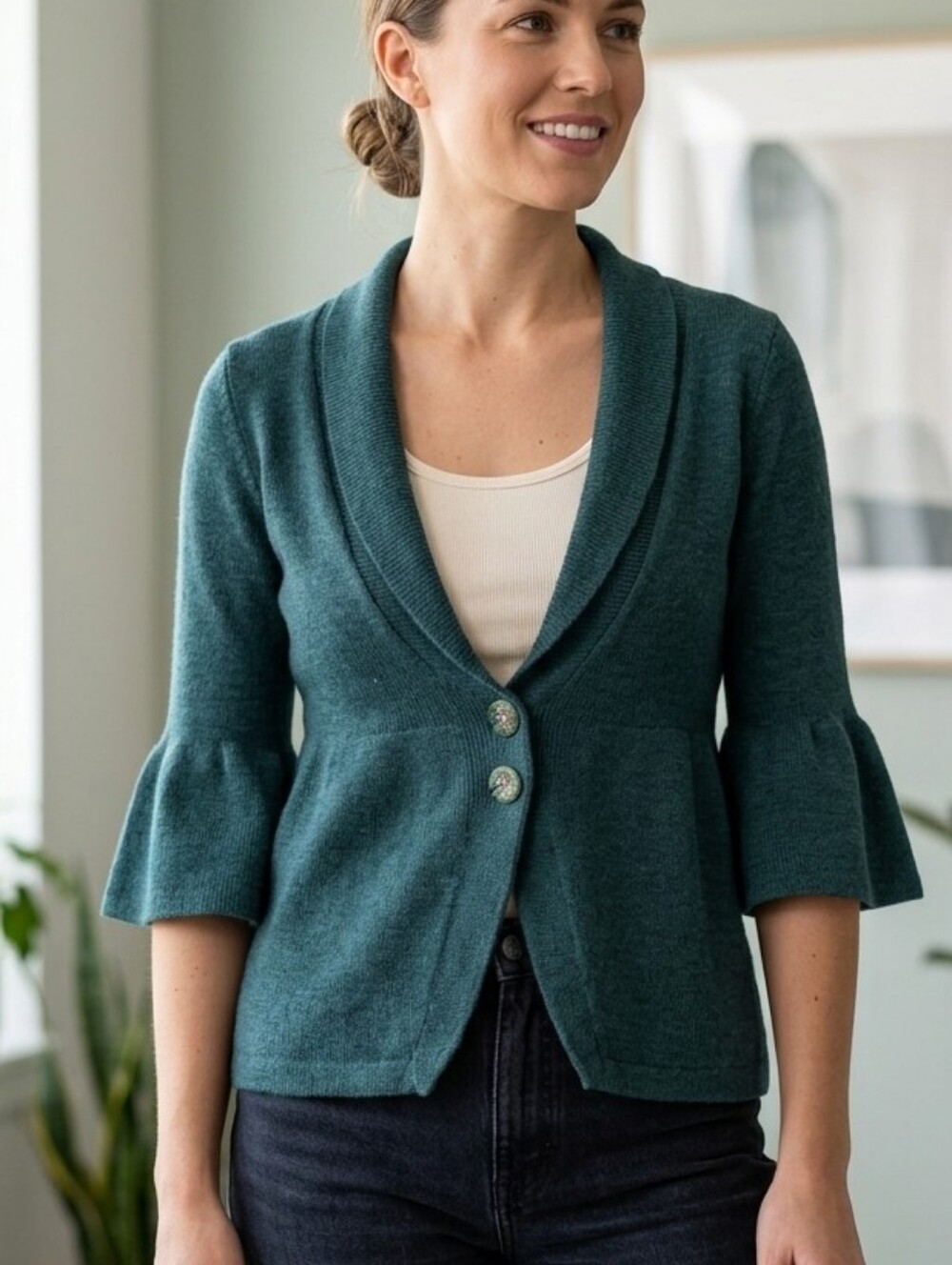 Anthropologie Charlie & Robin Green Cardigan Sweater Bell Sleeves Bird Buttons M